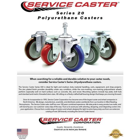 Service Caster 3 Inch Red Polyurethane Wheel Swivel 34 Inch Threaded Stem Caster Set with Brake SCC SCC-TS20S314-PPUB-RED-PLB-34212-4